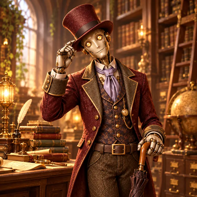 Lucky, the friendly robotic gentleman with a burgundy top hat, gold eyes, purple cravat and umbrella