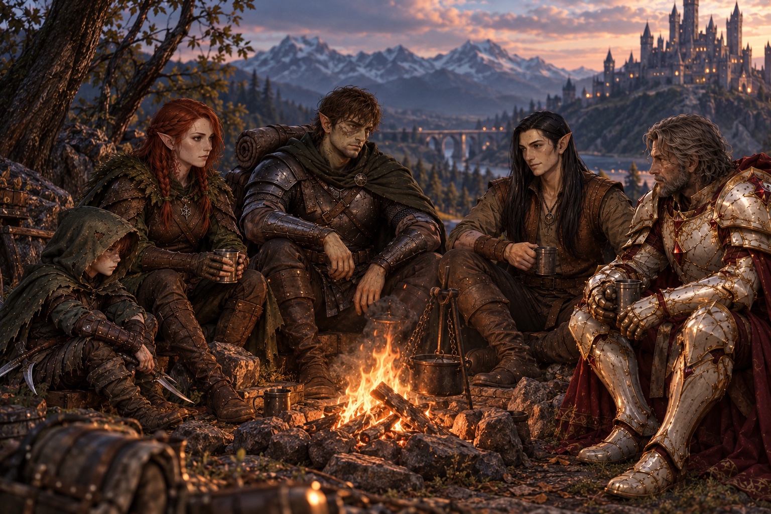 Original party illustration, all five adventurers around a campfire